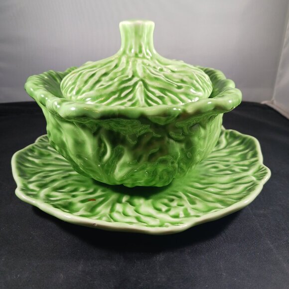 Weiss Vintage Green Ceramic Cabbage Soup Bowl with Lid and Saucer - Picture 1 of 13